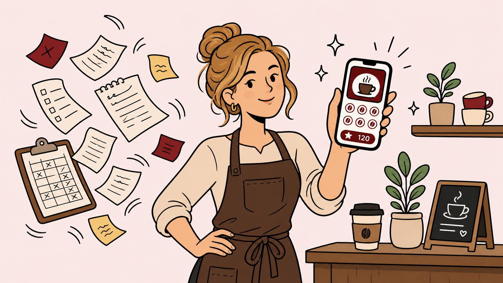 İşletme sahibi elinde telefonla Kahve Cüzdanı uygulamasını gösteriyor, etrafında kağıtlar uçuşuyor