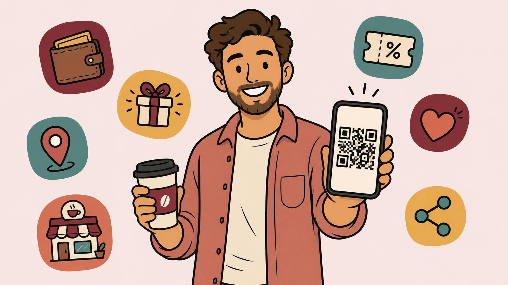 Müşteri elinde kahve ve QR kodu gösteren telefonla, etrafında cüzdan, kampanya, konum ikonları