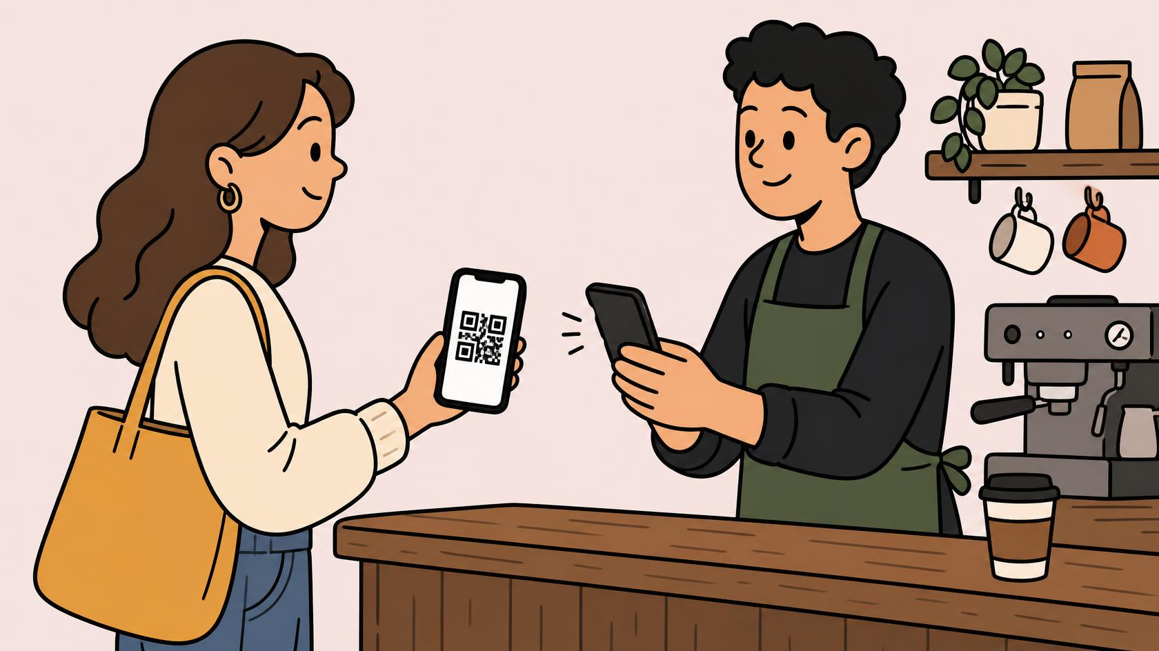 Müşteri QR kodunu gösteriyor, barista telefonuyla okutuyor